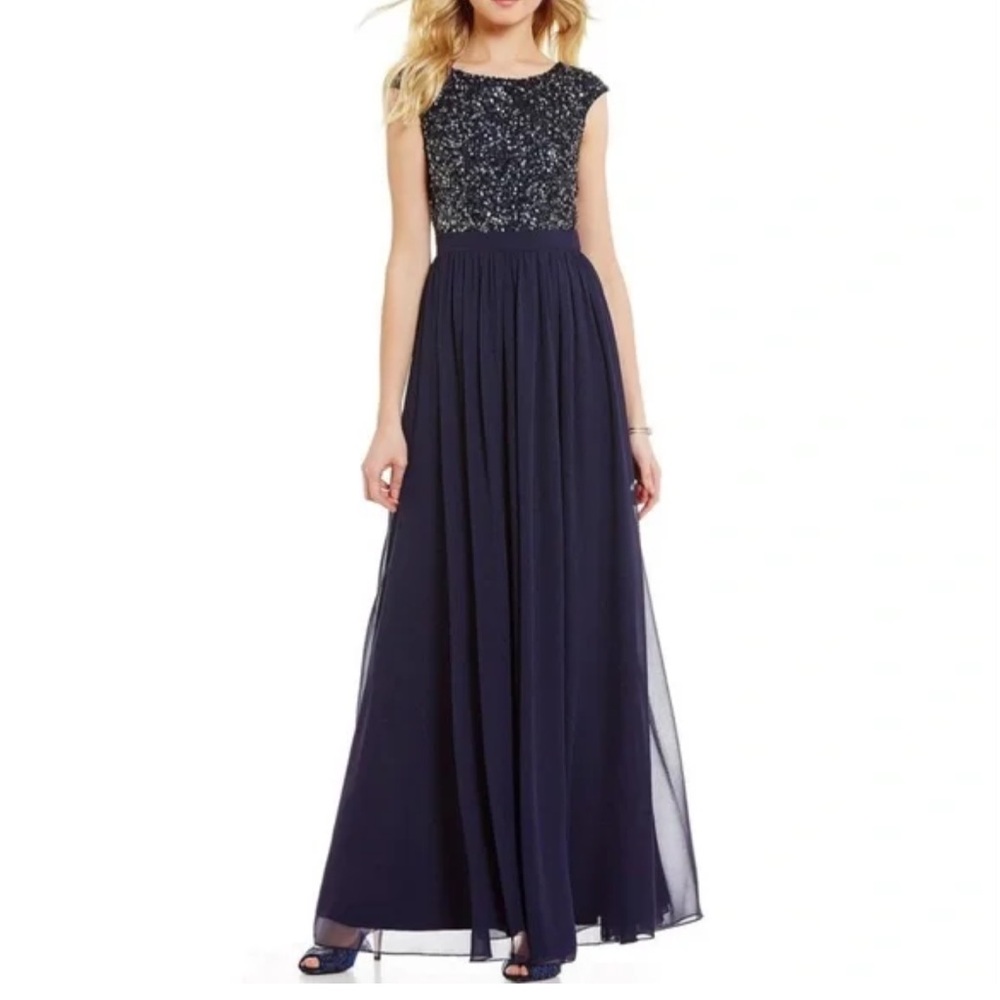 Elegant Navy Prom Dress Cap Sleeve Chiffon Sequin Gown